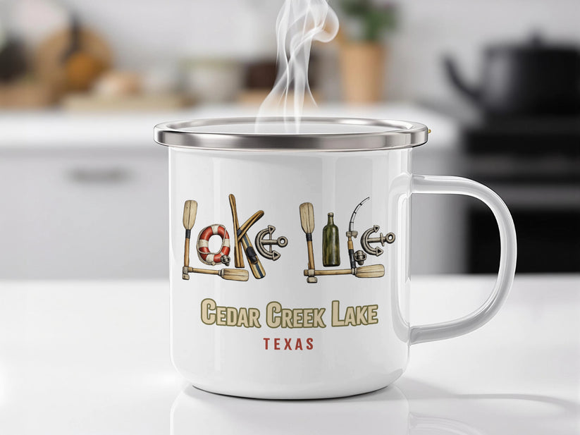Camp mug with lake life illustrations and "Cedar Creek Lake Texas" text.