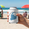 Can cooler with Merrill Creek Reserve map design and "New Jersey" text, held at the beach.