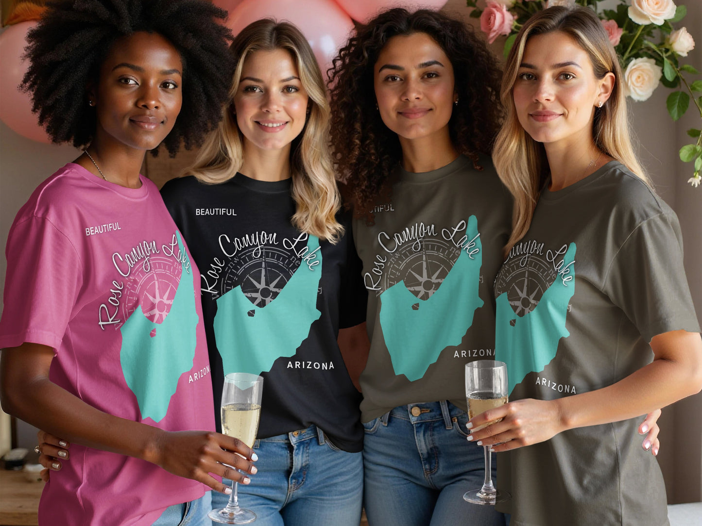 Four women in graphic tees featuring a turquoise map of Rose Canyon Lake, Arizona.
