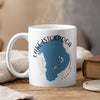 White mug with blue Lake Istokpoga map, compass rose, and Florida text.