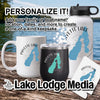 Mug, tumbler, bottle, and coaster featuring Payette Lake design and text "Lake Lodge Media".