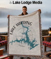 Woven throw blanket featuring a teal Lake Harding Georgia map design and compass rose.