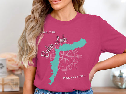 Pink t-shirt with "Beautiful Baker Lake Washington" and map graphic.