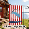 Garden flag with red and white stripes, featuring a blue outline of Lake Wawasee and "The Smith Family".