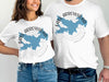 White t-shirts with Lake Arrowhead California map design and compass rose.