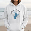 White hoodie featuring Lake Buchanan Texas map design with compass rose graphic.