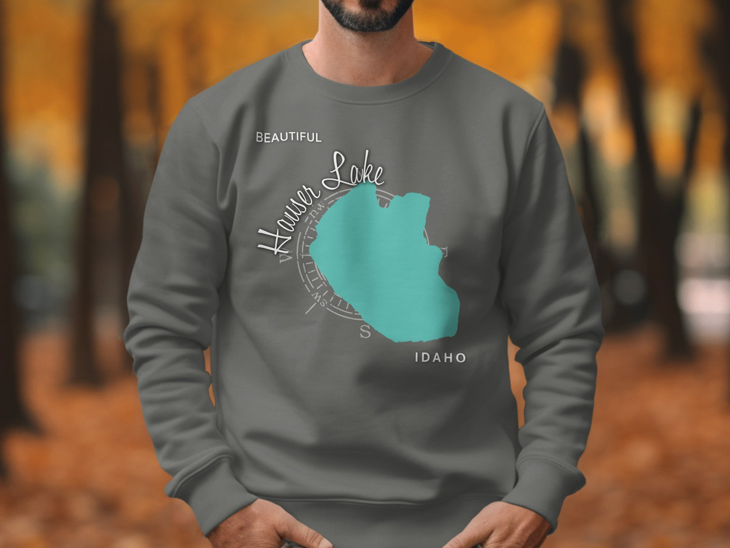 Gray sweatshirt with a teal map of Hauser Lake, Idaho graphic.
