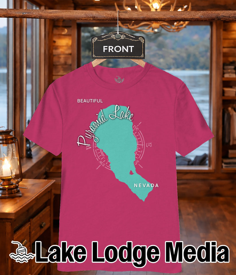 Pink t-shirt with a turquoise map outline of Nevada and "Pyramid Lake" text.