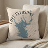 Pillow with Lake Pleasant Arizona map design and compass graphic.