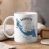 White mug with blue Lake Marion map, compass, and text "Lake Marion South Carolina".