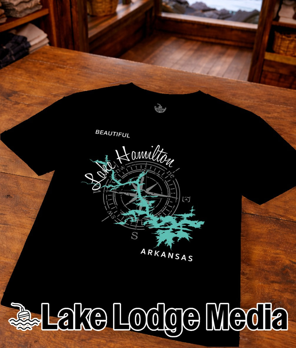 Black t-shirt with "Lake Hamilton Arkansas" and compass design.