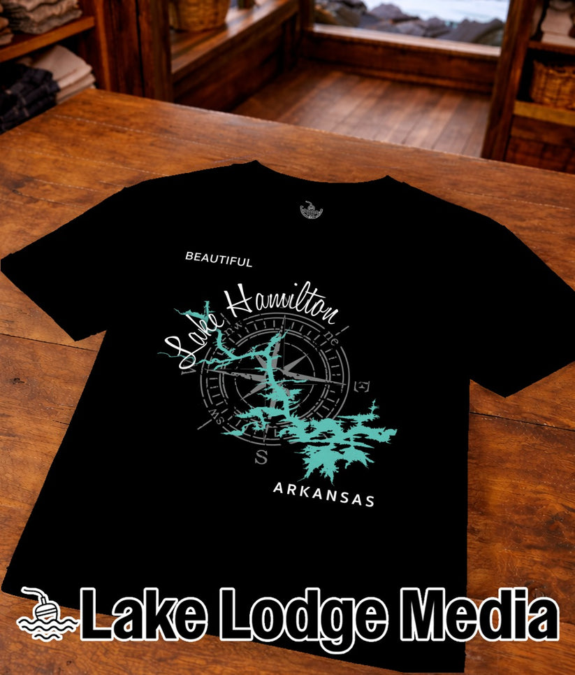 Black t-shirt with "Lake Hamilton Arkansas" and compass design.