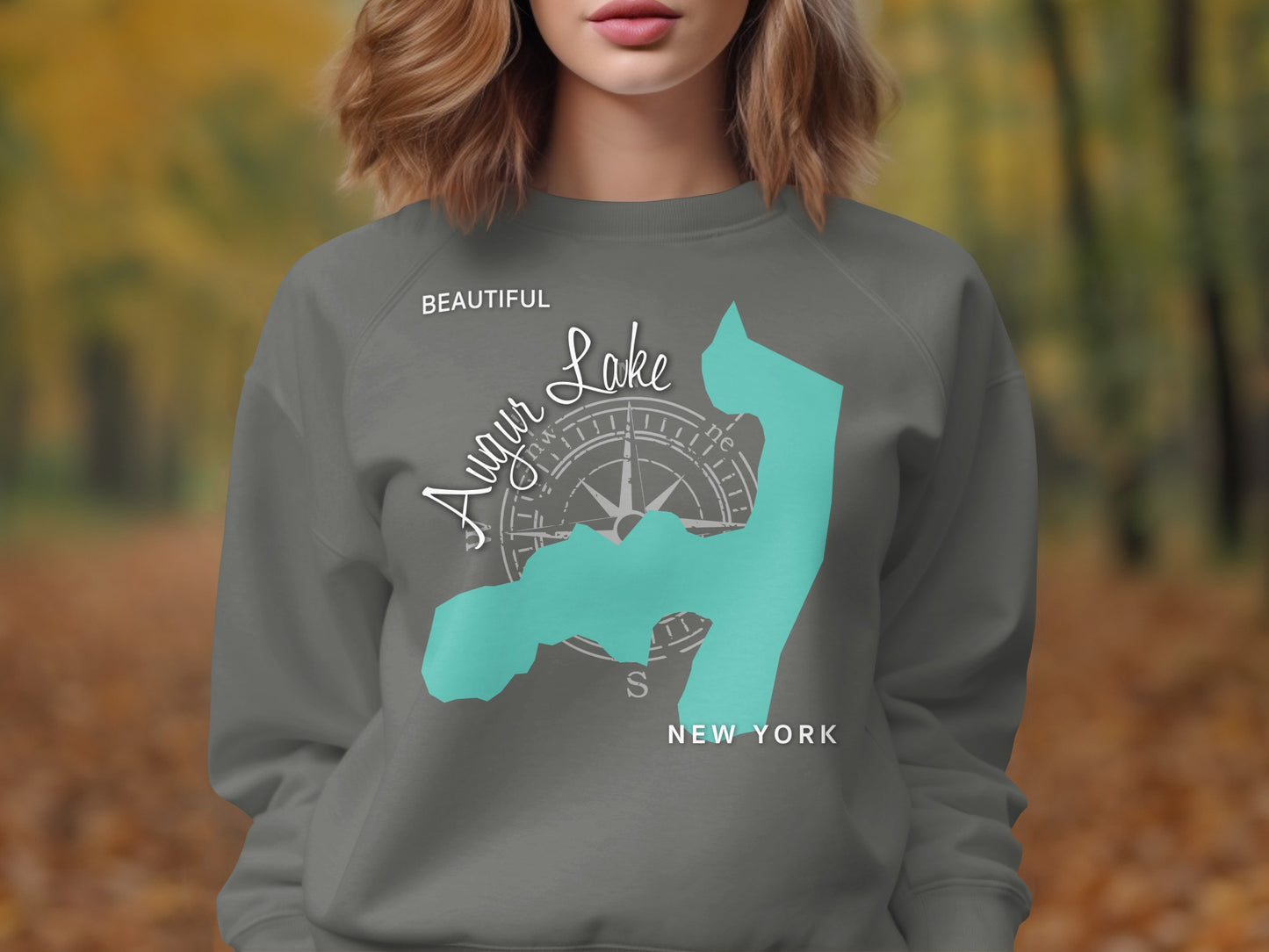 Grey sweatshirt with teal map outline of New York and compass graphic.
