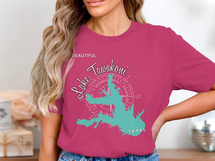 Turquoise Lake Tawakoni map on a magenta t-shirt.