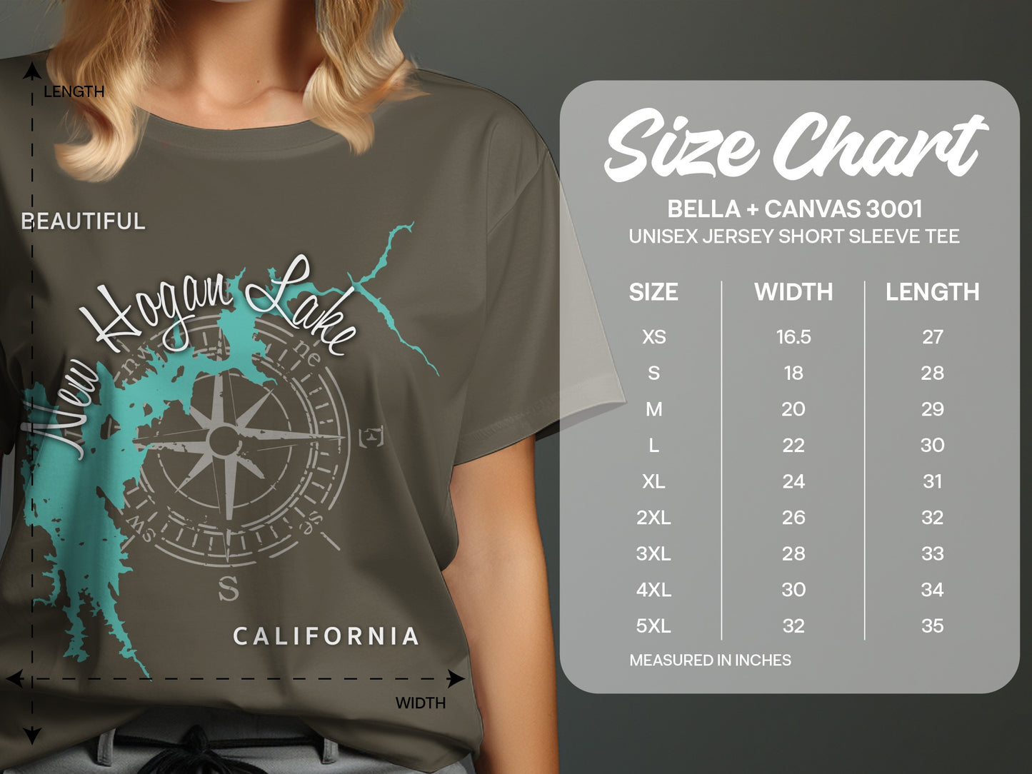 Bella + Canvas 3001 size chart for unisex short sleeve tees.