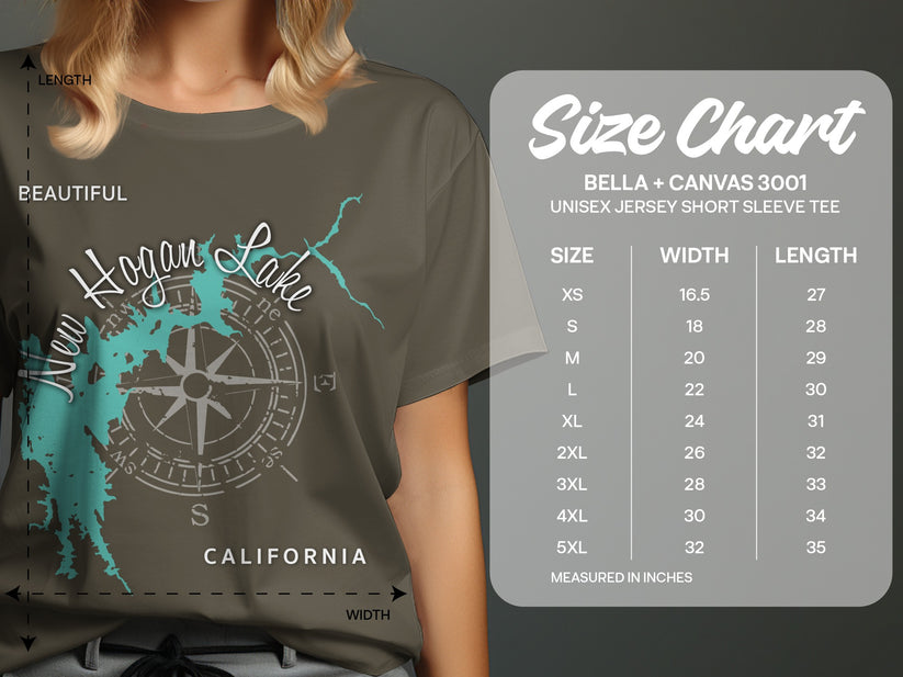 Bella + Canvas 3001 size chart for unisex short sleeve tees.