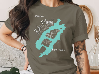 T-shirt featuring a teal map of Lake Placid and a compass rose.