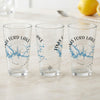 Three clear glasses with Tims Ford Lake map and compass design.