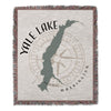 Woven blanket with Yale Lake map, compass rose, and Washington text.