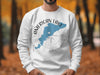 White sweatshirt with American Lake Washington map and compass graphic.