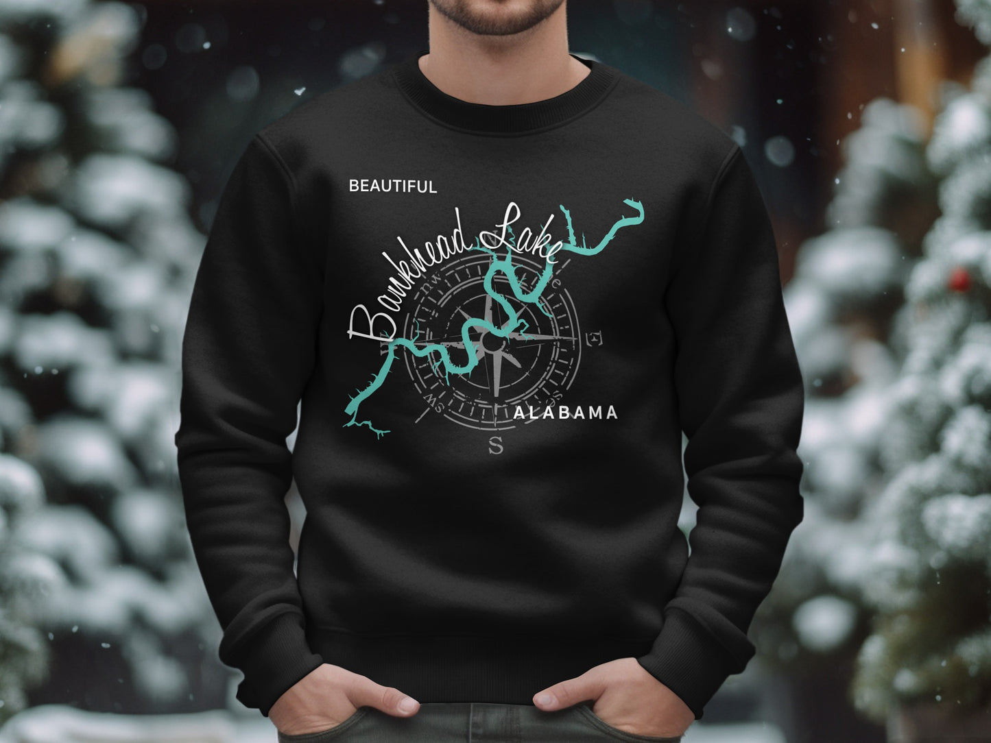 Black sweatshirt with a map of Bankhead Lake, Alabama and a compass rose.