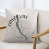 Throw pillow with Cayuga Lake map and compass design, New York.