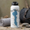 White insulated tumbler with blue Dunmore map and compass graphic.