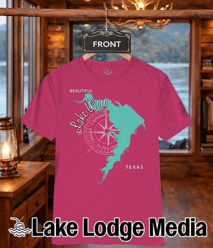 Pink t-shirt with Lake Waco map and compass graphic, "Lake Lodge Media" text.