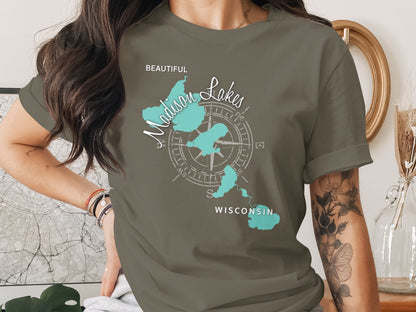 Green t-shirt with "Beautiful Madison Lakes Wisconsin" and compass graphic.