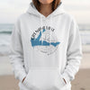 White hoodie with Grenada Lake Mississippi map and compass design.