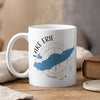 White mug with blue Lake Erie map, compass, and "NEW YORK" text.