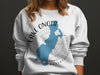 White sweatshirt with Lake Onota Massachusetts map and compass graphic.