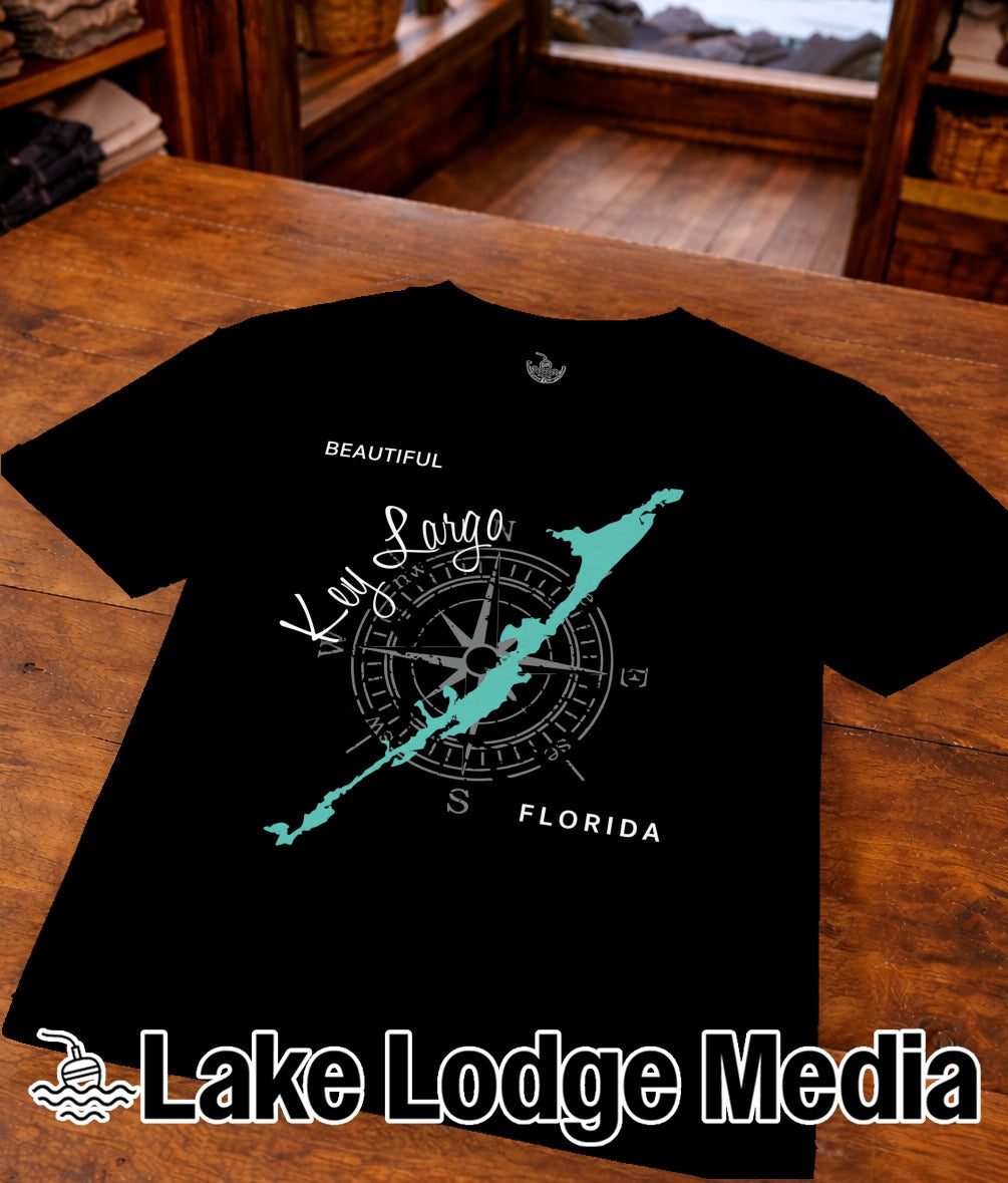 Black t-shirt with Florida Keys map, compass, and "Lake Lodge Media" logo.