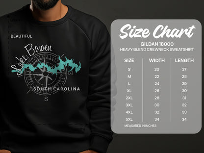 Size chart for Gildan 18000 heavy blend crewneck sweatshirt.