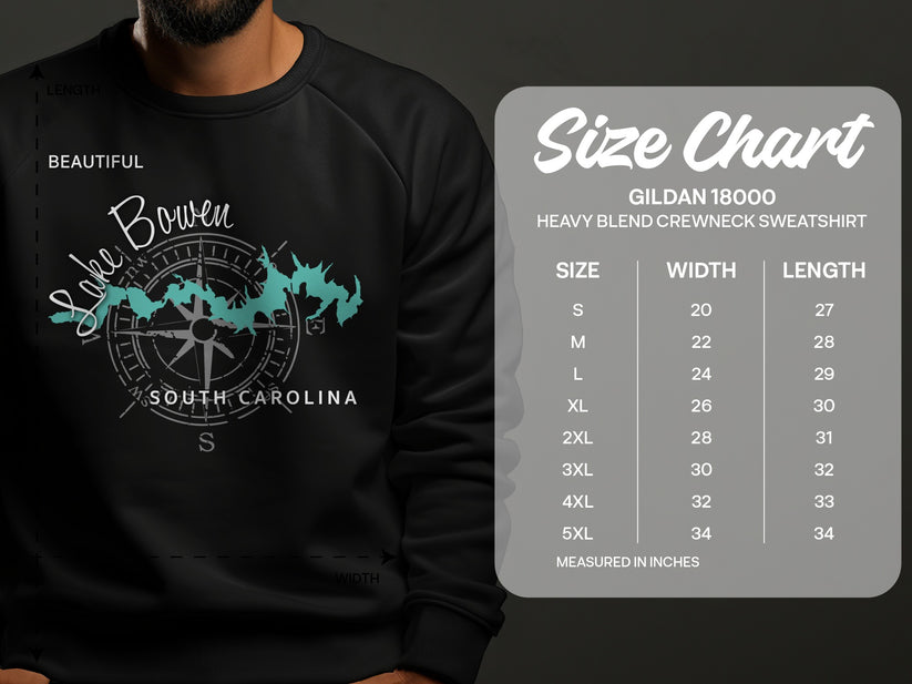 Size chart for Gildan 18000 heavy blend crewneck sweatshirt.