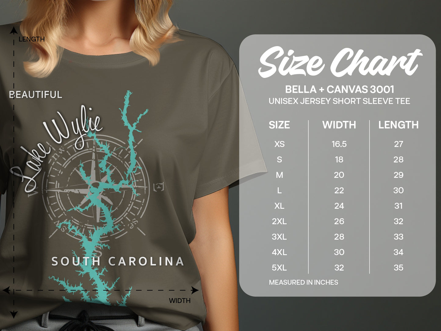 T-shirt with compass, Lake Wylie, and South Carolina map; size chart.