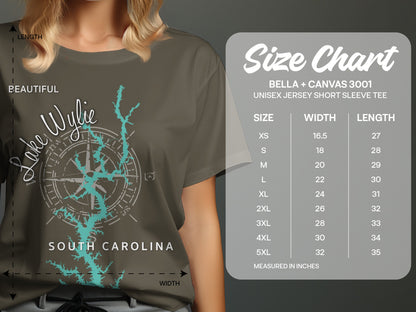T-shirt with compass, Lake Wylie, and South Carolina map; size chart.