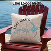 Beige pillow with "Lake James North Carolina" compass design on red chair.