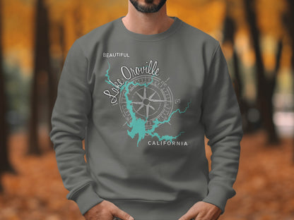 Grey sweatshirt with "Beautiful Lake Oroville California" and compass design.