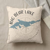 Pillow with Big Bear Lake California map design and compass graphic.