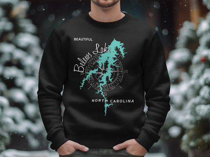 Black sweatshirt with a teal compass rose map of Belur Lake, North Carolina.