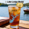 Glass with iced tea, lemon slice, and a blue map of Lake Lanier.