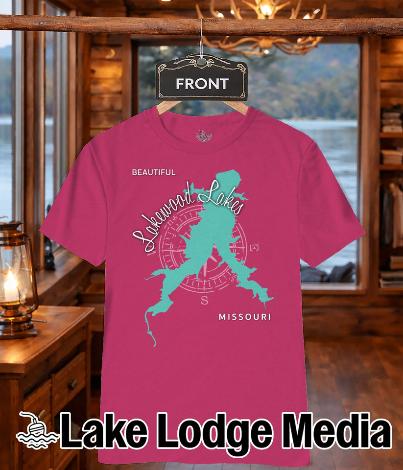 Pink t-shirt with "Beautiful Lakewood Lakes" and a compass rose map of Missouri.