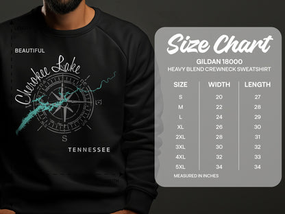 Cherokee Lake design on a Gildan sweatshirt size chart.