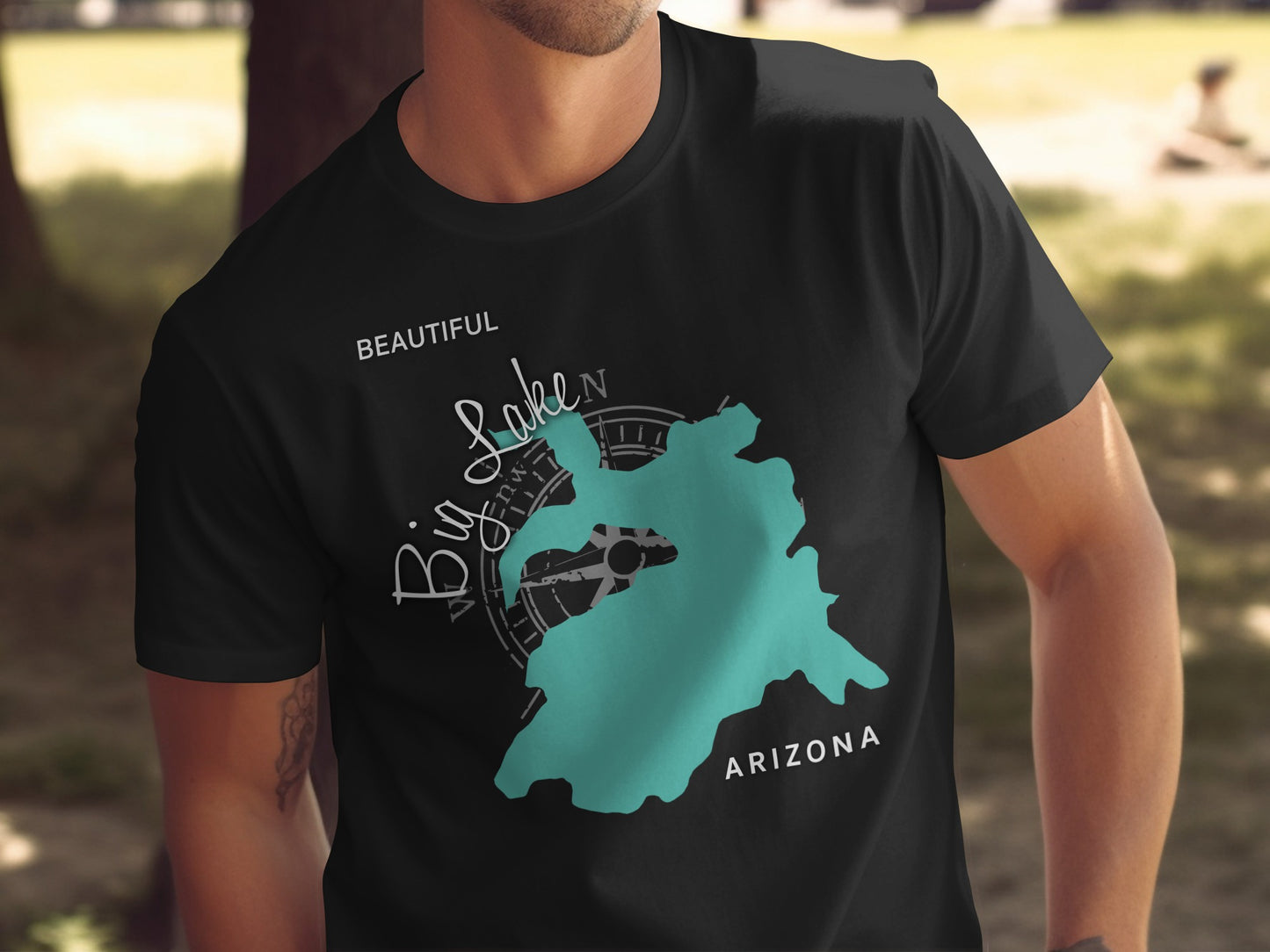 Black t-shirt with "Big Lake Arizona" text and lake outline design.