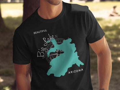 Black t-shirt with "Big Lake Arizona" text and lake outline design.