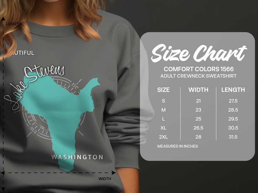 Size chart for Comfort Colors 1566 adult crewneck sweatshirt.