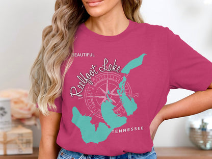 Reelfoot Lake Tennessee map with compass rose on a pink t-shirt.
