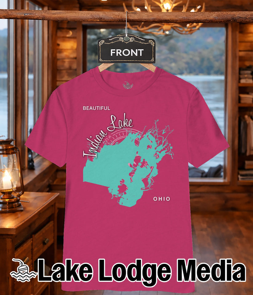 Pink t-shirt with turquoise map of Indian Lake, Ohio, and "Beautiful Indian Lake" text.