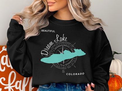 Black sweatshirt with "Dream Lake Colorado" map and compass graphic.
